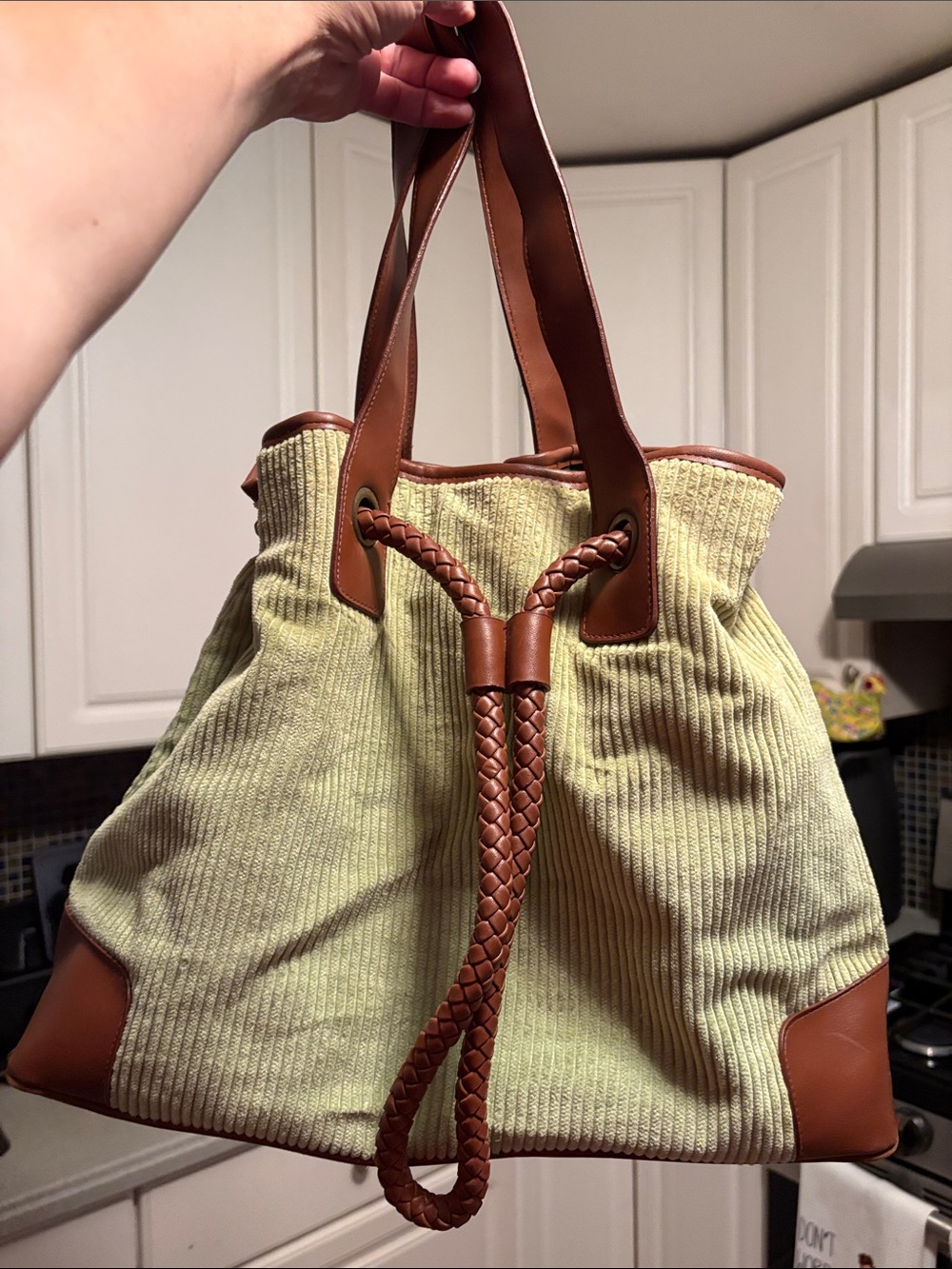 Brown Trim Green Corduroy Tote Bag
